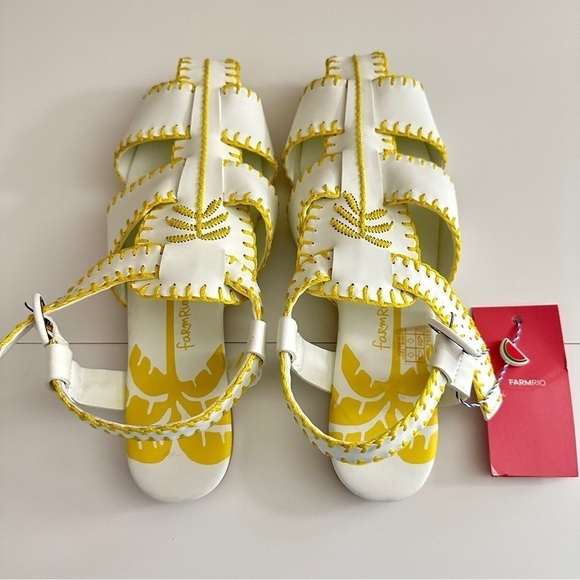 NEW Farm Rio Women's Yellow & White Palm Tree Sandals Whipstitch Vegan sz US 9.5 - Picture 3 of 16
